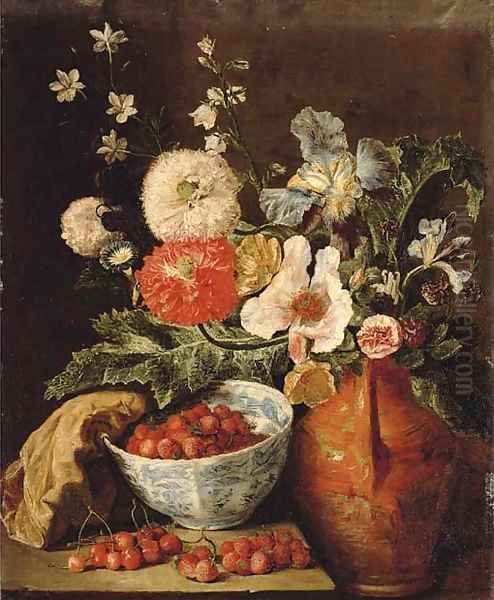 Wild strawberries in a blue and white porcelain bowl, carnations, irises, and other flowers in an earthenware jug on a stone ledge Oil Painting by Pieter Snyers