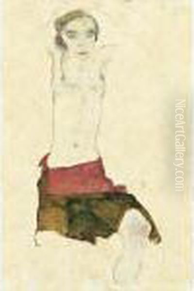 Property From A Private Italian Collector
 

 
 
 

 
 Halbakt Mit Buntem Rock Und Erhobenen Armen (semi-nude With Coloured Skirt And Raised Arms) Oil Painting by Egon Schiele