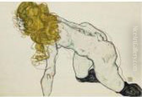 Property From A Private 
Collection
 

 
 
 

 
 Sich Aufstutzende Blonde Nackte Mit Dunklen Strumpfen 
(kneeling Blonde Nude With Dark Stockings) Or Kauernder Weiblicher Akt 
Mit Blonden Haaren Und Aufge Oil Painting by Egon Schiele