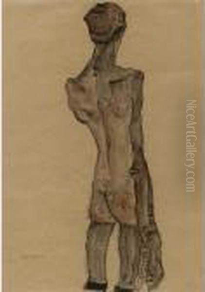 Stehender Mannlicher Ruckenakt (standing Male Nude, Back View) Oil Painting by Egon Schiele