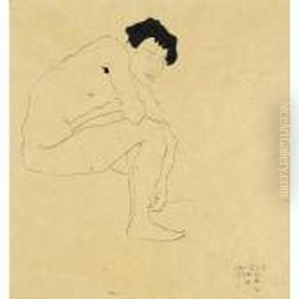 Sitzender Mannlicher Akt (seated Male Nude) Oil Painting by Egon Schiele