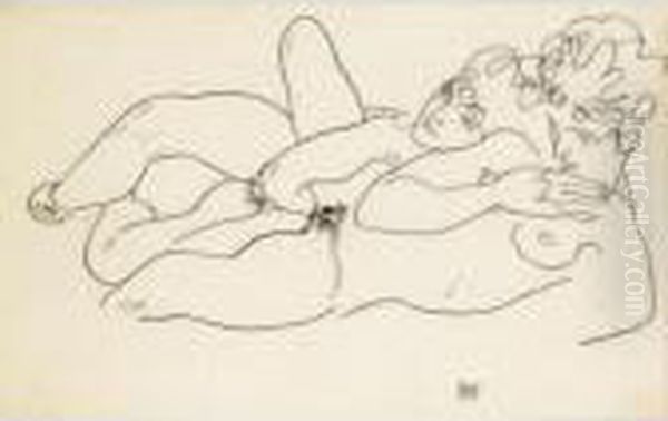 Zwei Liegende Akte (two Reclining Nudes) Oil Painting by Egon Schiele