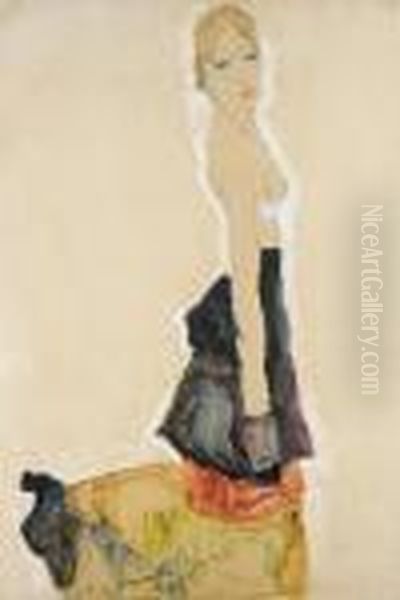 Kniender Halbakt Oil Painting by Egon Schiele