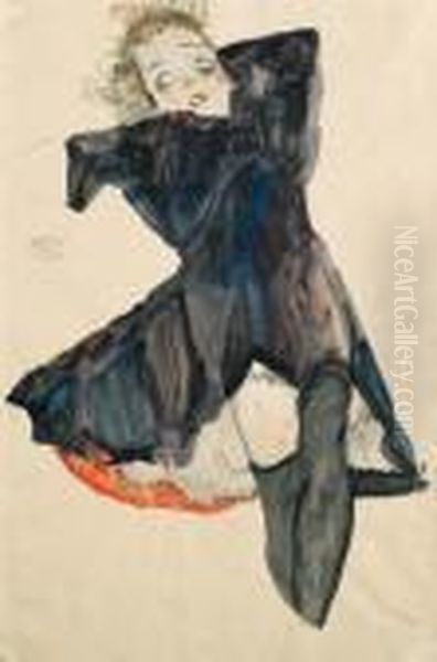 Madchen In Blauem Kleid Oil Painting by Egon Schiele