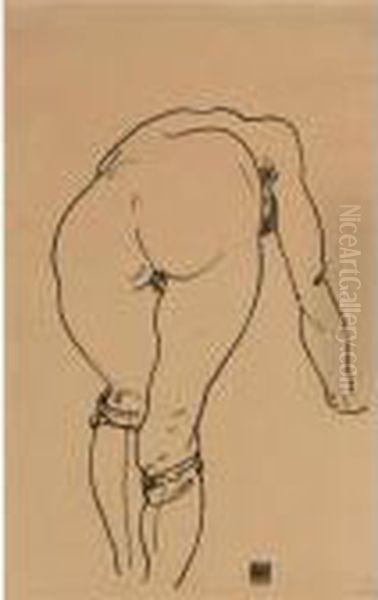 Gebueckter Akt, Rueckenansicht (nude Bent Over, Back View) Oil Painting by Egon Schiele