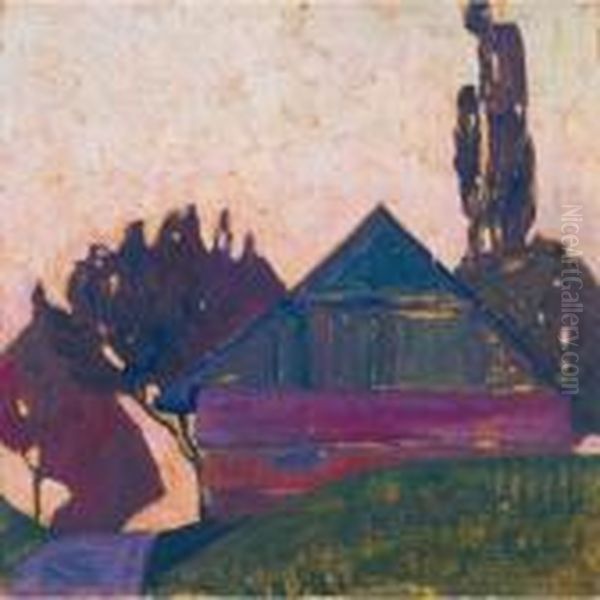 Haus Zwischen Baumen I (house Between Trees I) Oil Painting by Egon Schiele