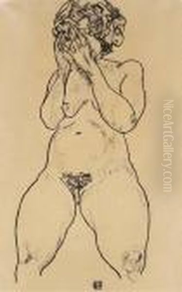 Madchenakt En Face, Hande Vor Dem Gesicht Oil Painting by Egon Schiele