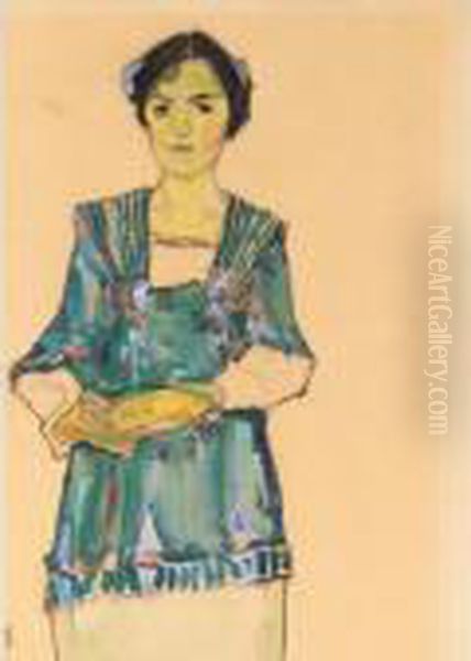 Madchen Mit Gestreifter Bluse (girl With Striped Blouse) Oil Painting by Egon Schiele