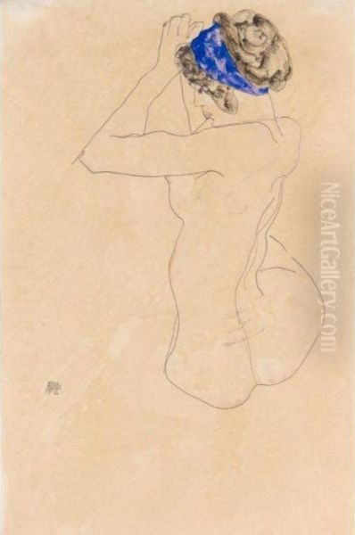 Sitzender Weiblicher Akt Mit 
Blauem Kopfband, Die Hande Erhoben (seated Female Nude With Blue 
Headband, Hands Raised) Oil Painting by Egon Schiele