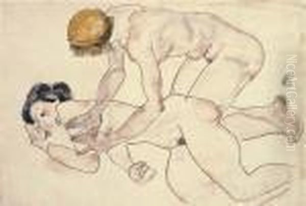 Zwei Frauenakte, Liegend Und Kniend (die Freundinnen) Oil Painting by Egon Schiele