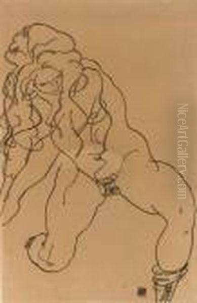 Kneeling Nude Girl Oil Painting by Egon Schiele