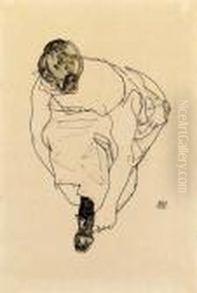 Schuhanziehende Frau (dirne) Oil Painting by Egon Schiele