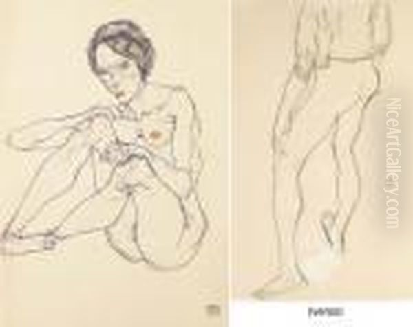 Sitzender Weiblicher Akt (recto); Stehender Mannlichter Akt (verso) Oil Painting by Egon Schiele