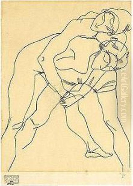 Zwei Figuren (two Figures) Oil Painting by Egon Schiele