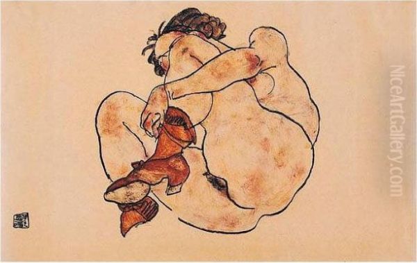 Kauernde Frau (woman Crouching) Oil Painting by Egon Schiele