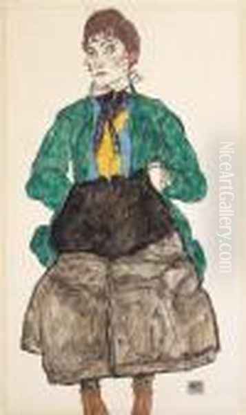 Frau In Gruner Bluse Mit Muff Oil Painting by Egon Schiele