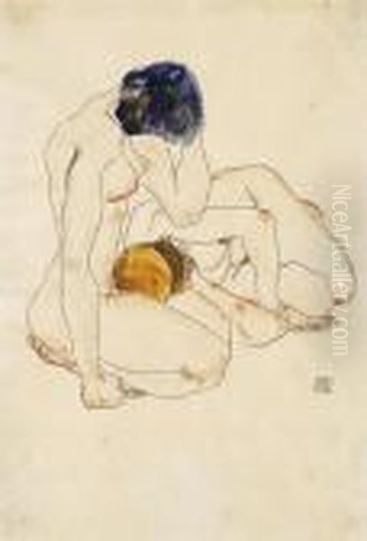 Zwei Freundinnen Oil Painting by Egon Schiele