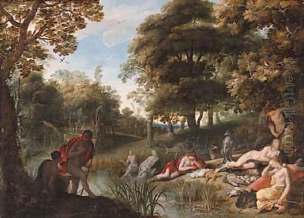 A wooded landscape with Diana and her nymphs resting after the chase Oil Painting by Adriaan van Stalbemt