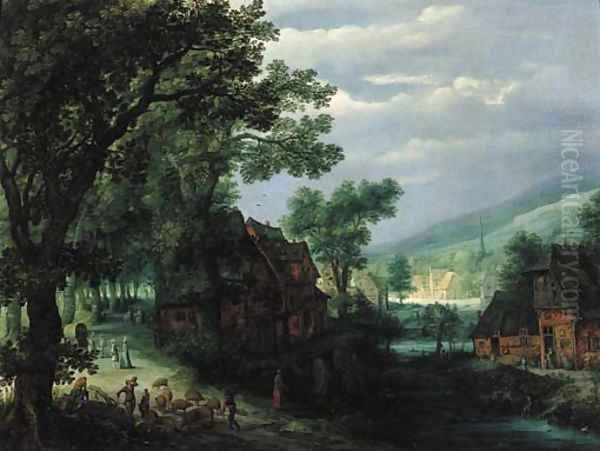 A hamlet by a river, with a swineherd and travellers on a track Oil Painting by Adriaan van Stalbemt