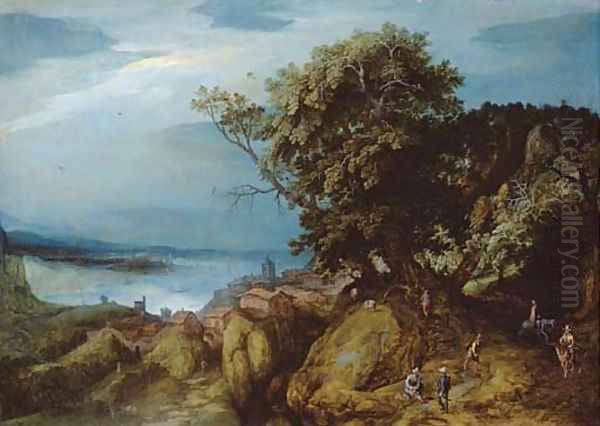 A rocky river landscape with travellers on a path by a town Oil Painting by Adriaan van Stalbemt