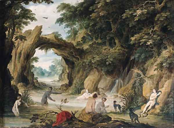 Diana and her nymphs bathing after the chase Oil Painting by Adriaan van Stalbemt