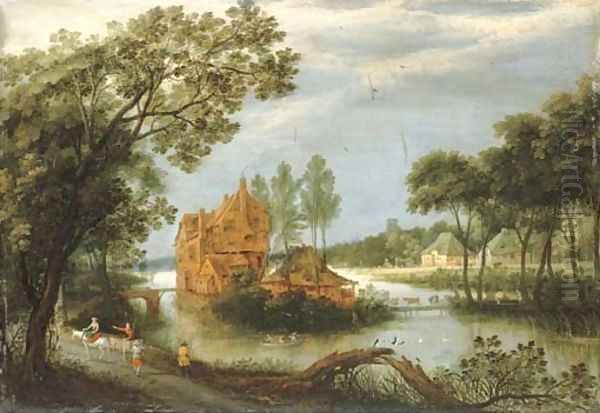 A river landscape with sportsmen shooting from a boat by a farm and peasants on a path Oil Painting by Adriaan van Stalbemt