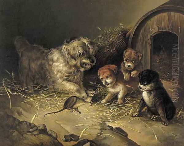 Rat wit a Dog and Three Puppies Oil Painting by Aleksander Stankiewicz