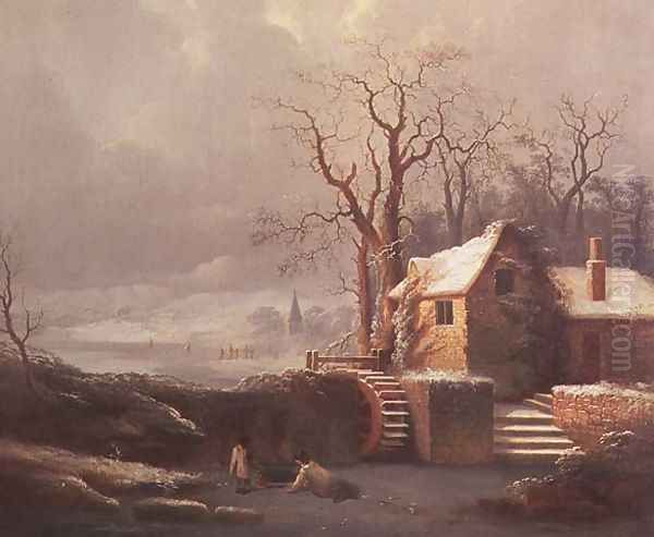 Snow Scene with Mill and Cottages Oil Painting by George, of Chichester Smith