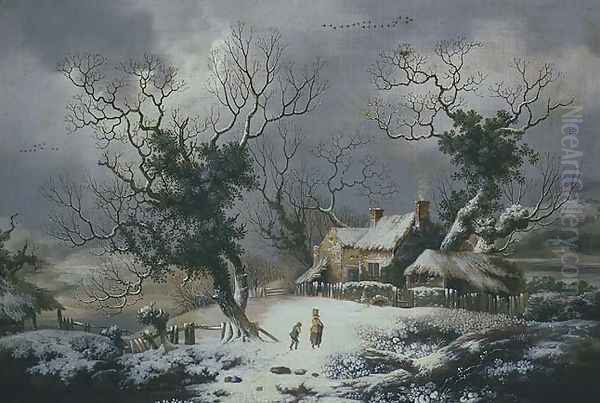 Winter Landscape with Woman and Boy Oil Painting by George, of Chichester Smith