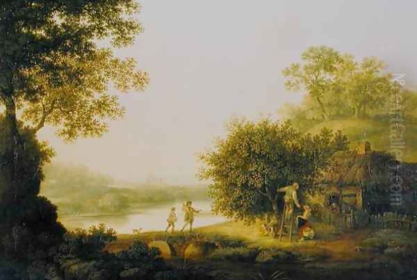 Applepickers, by a Cottage In A Wooded Landscape with Chichester Beyond Oil Painting by George, of Chichester Smith