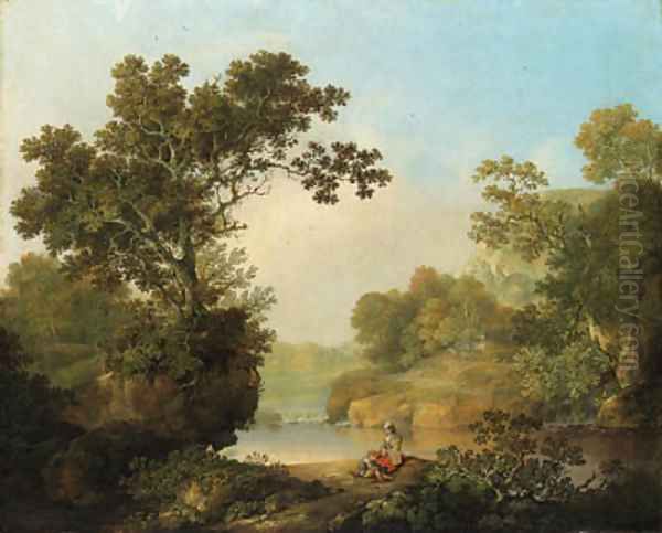 A wooded River Landscape with Figures, a cottage beyond Oil Painting by George, of Chichester Smith