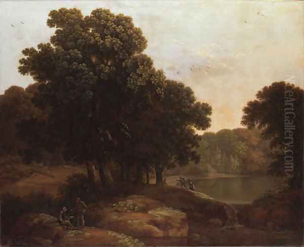 A wooded lake landscape with figures, a cottage beyond Oil Painting by George, of Chichester Smith