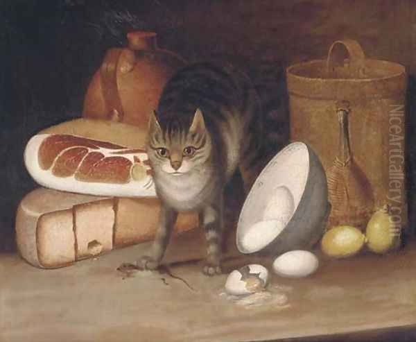 Ham, cheese, eggs, lemons and a cat with a captured mouse Oil Painting by George, of Chichester Smith