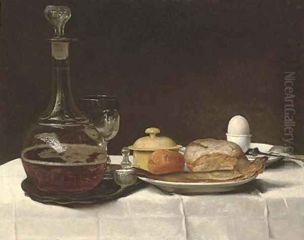 Still life with bread, a kipper, an egg and a decanter of ale on a table with a white linen table-cloth Oil Painting by George, of Chichester Smith