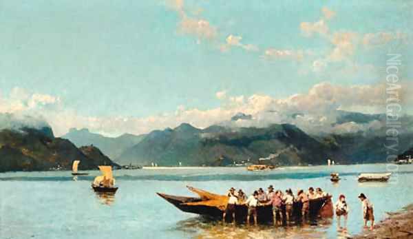 A northern Italian lake landscape Oil Painting by Paolo Sala