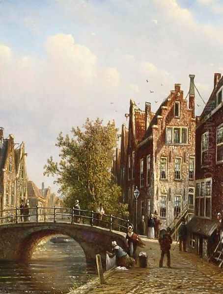 Dutch Town with Figures on a Canal Oil Painting by Johannes Franciscus Spohler