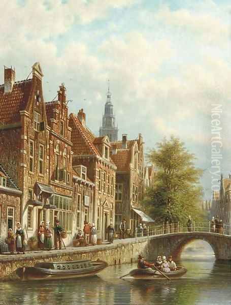 An Amsterdam canal with the Westertoren beyond Oil Painting by Johannes Franciscus Spohler