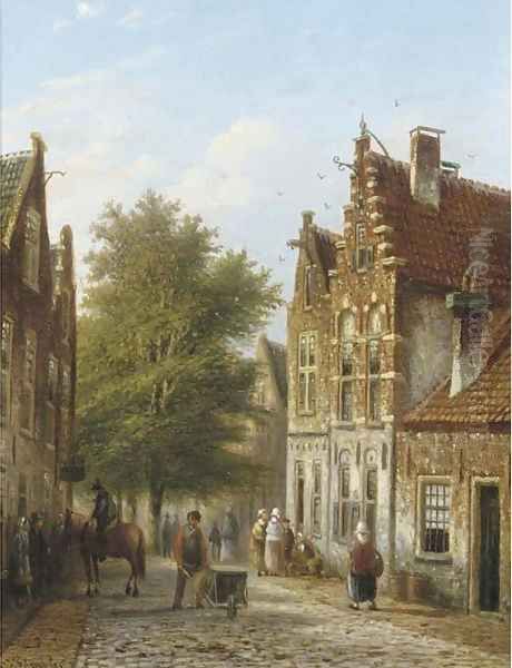 A sunny street in a Dutch town Oil Painting by Johannes Franciscus Spohler