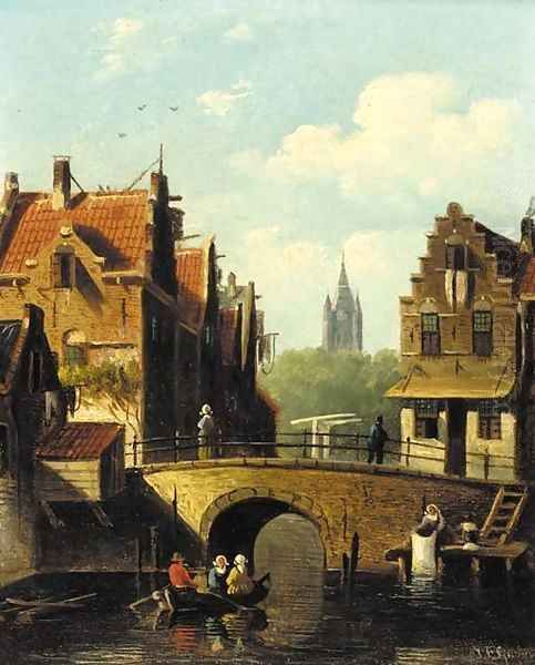 Figures rowing on a Dutch canal Oil Painting by Johannes Franciscus Spohler