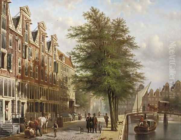 Daily activities along a canal in a Dutch city, Amsterdam Oil Painting by Johannes Franciscus Spohler