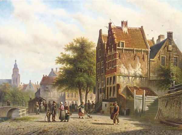 Townsfolk on a sunlit street Oil Painting by Johannes Franciscus Spohler