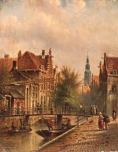 View of a canal in Amsterdam, with figures on a quay Oil Painting by Johannes Franciscus Spohler