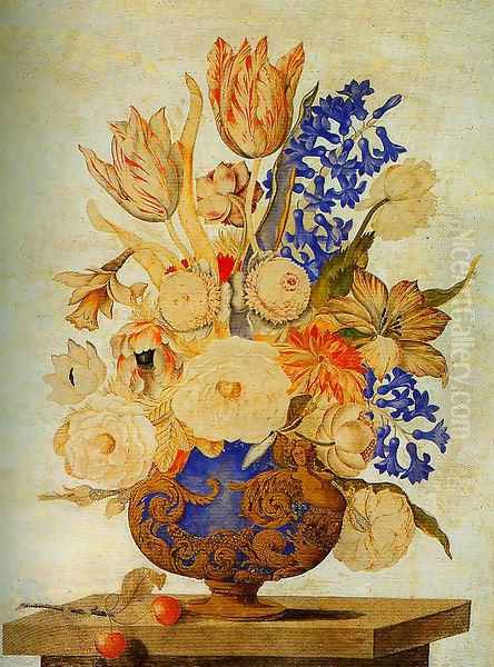 Gilded and Embossed Vase Filled with Snowballs Roses and Tulips Oil Painting by Andrea Scacciati