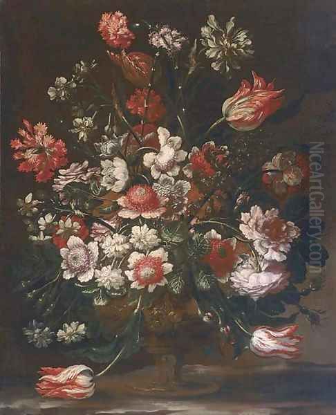 Tulips, carnations, chrysanthemum, narcissi, roses and other flowers in an urn on a marble ledge Oil Painting by Andrea Scacciati