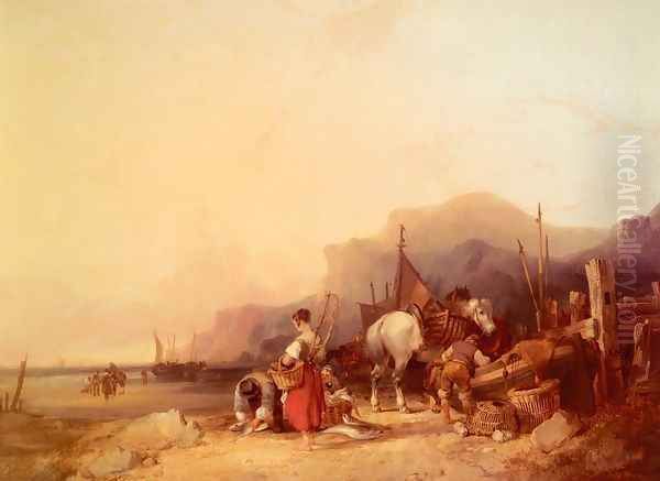 Unloading The Catch, Near Benchurch, Isle Of Wight Oil Painting by Snr William Shayer