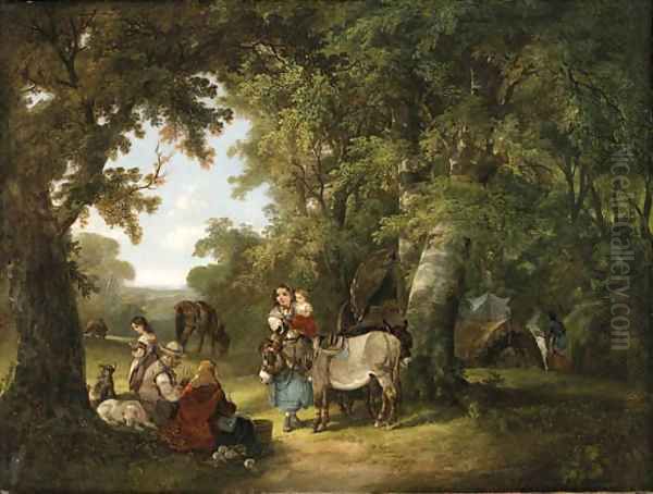 Countryfolk resting in a wooded clearing Oil Painting by Snr William Shayer