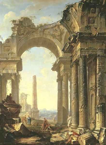 A capriccio of a ruined ionic temple and an obelisk with figures Oil Painting by Giovanni Niccolo Servandoni