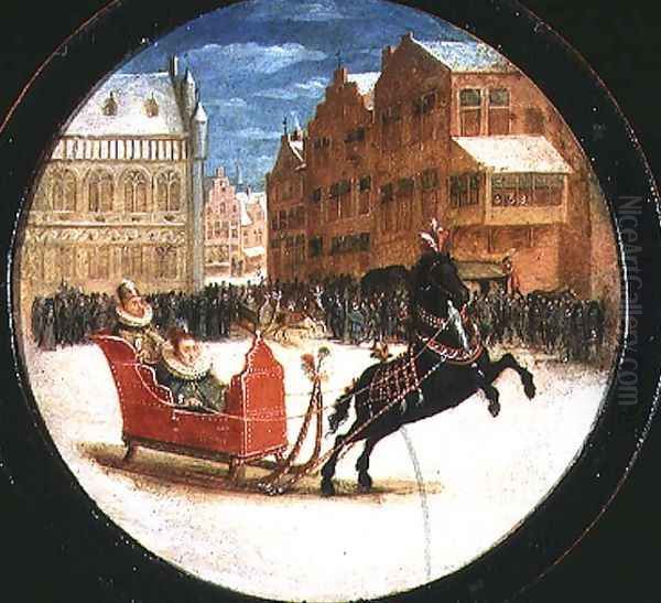 Winter landscape with figures in a horsedrawn sleigh Oil Painting by Hendrick van, the Younger Steenwyck