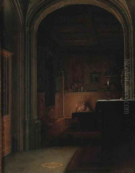 Saint Jerome writing by candlelight in a gothic chapel Oil Painting by Hendrick van, the Younger Steenwyck