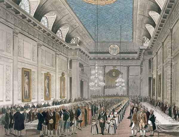 The Procession at Freemasons Hall, Queen Street, on the occasion of the Annual Dinner for young girls assisted by the Order, from Ackermanns Microcosm of London Oil Painting by Joseph Constantine Stadler